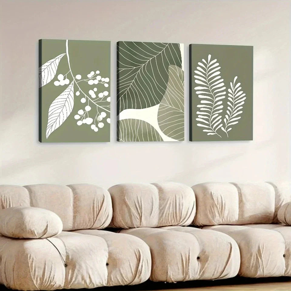 3pcs Bohemian Style Sage Green Plant Leaves Wall Art Set Canvas Framed 40x60cm - High Quality Print 100% Australian Made Wall Canvas Ready to Hang