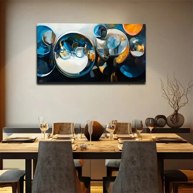 Abstract Bubbles Blue & Golden Wall Art Canvas Office Home Room Framed 120x60cm