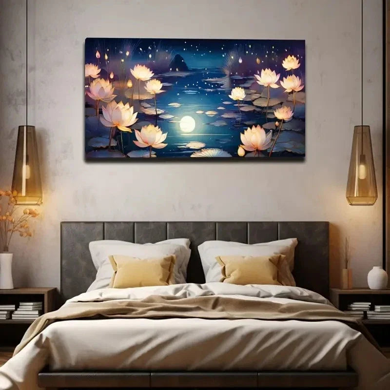 Lotus Pond Moonlight Wall Art Canvas Office Home Room Framed 120x60cm