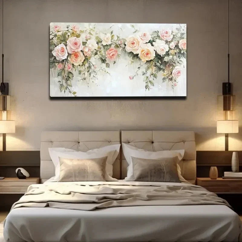 Pink & White Roses With Green Wall Art Canvas Office Home Room Framed 80x45cm