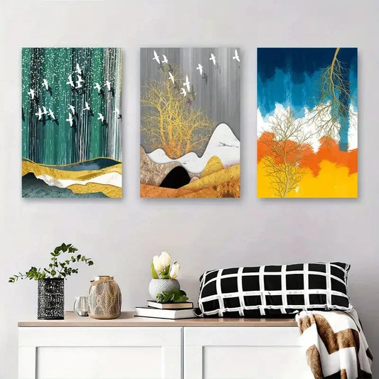 3pcs Abstract Landscape with Trees and Birds Metal Print Ready to Hang Art