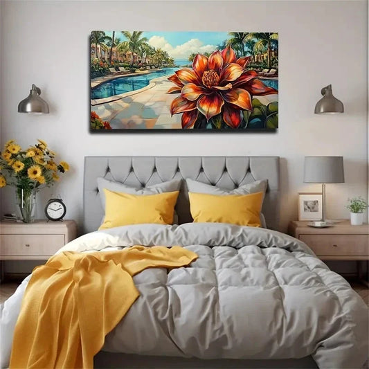 Swimming Pool Blooming Flowers Wall Art Canvas Office Home Room Framed 120x60cm