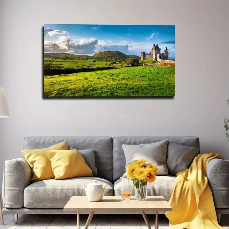 Castle & Green Meadow Wall Art Canvas Office Home Room Framed 120x60cm