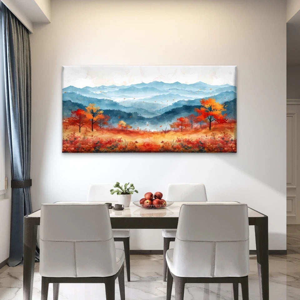 Autumn Field Against Mountains Wall Art Canvas Office Home Room Framed 80x45cm