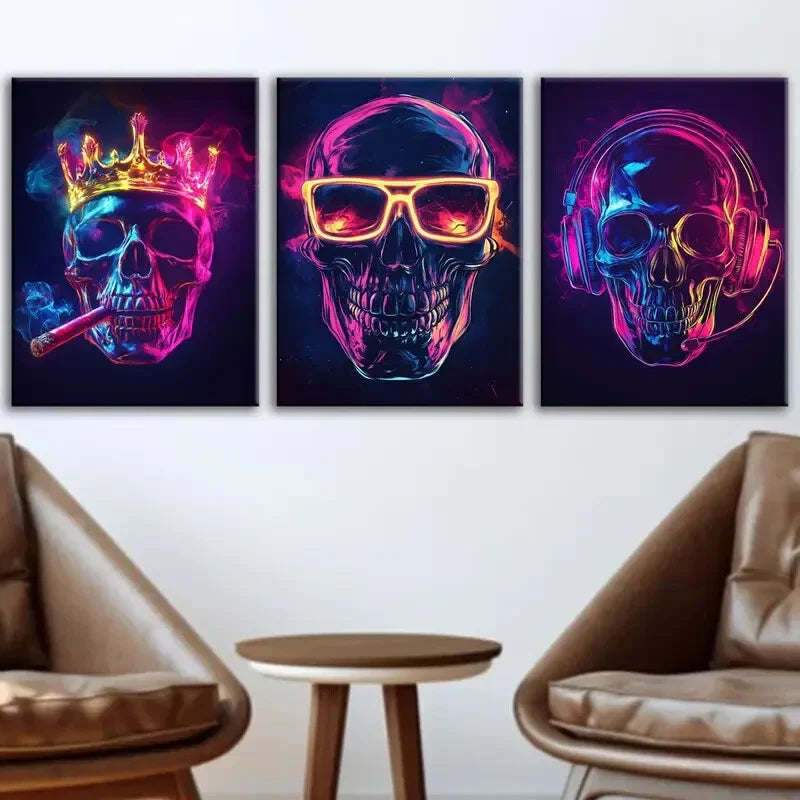 3pcs Abstract Neon Skeletons Glow Gold Rose Blue Wall Art Set Canvas Framed 40x60cm - High Quality Print 100% Australian Made Wall Canvas Ready to Hang
