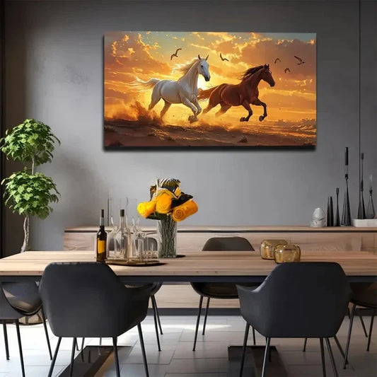 White Horses Galloping In Warm Wall Art canvas office home room framed 120x60cm