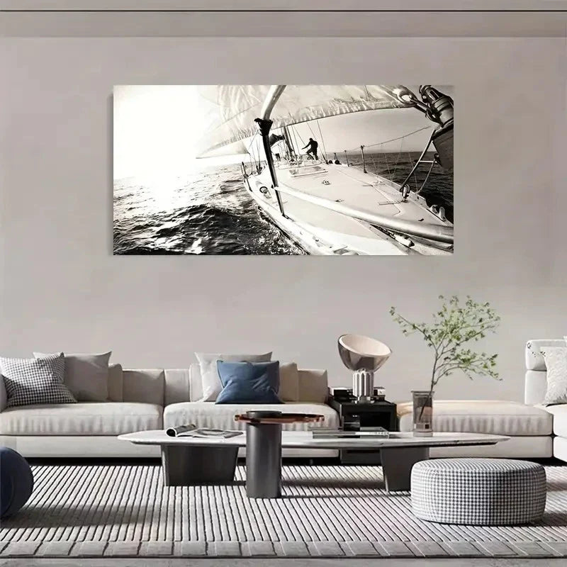 Yacht Sailing Modern Nautical Wall Art Canvas Office Home Room Framed 80x45cm
