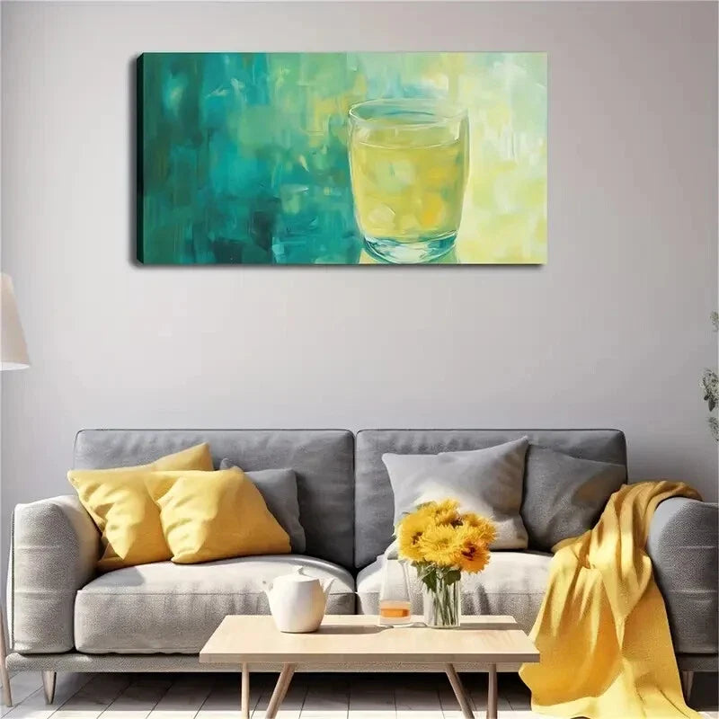 Yellow Liquid in Glass & Green Wall Art Canvas Office Home Room Framed 120x60cm