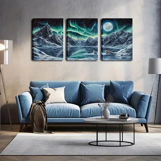 3pcs Northern Lights Night Sky Wall Art Set Canvas Framed 40x60cm - High Quality Print 100% Australian Made Wall Canvas Ready to Hang
