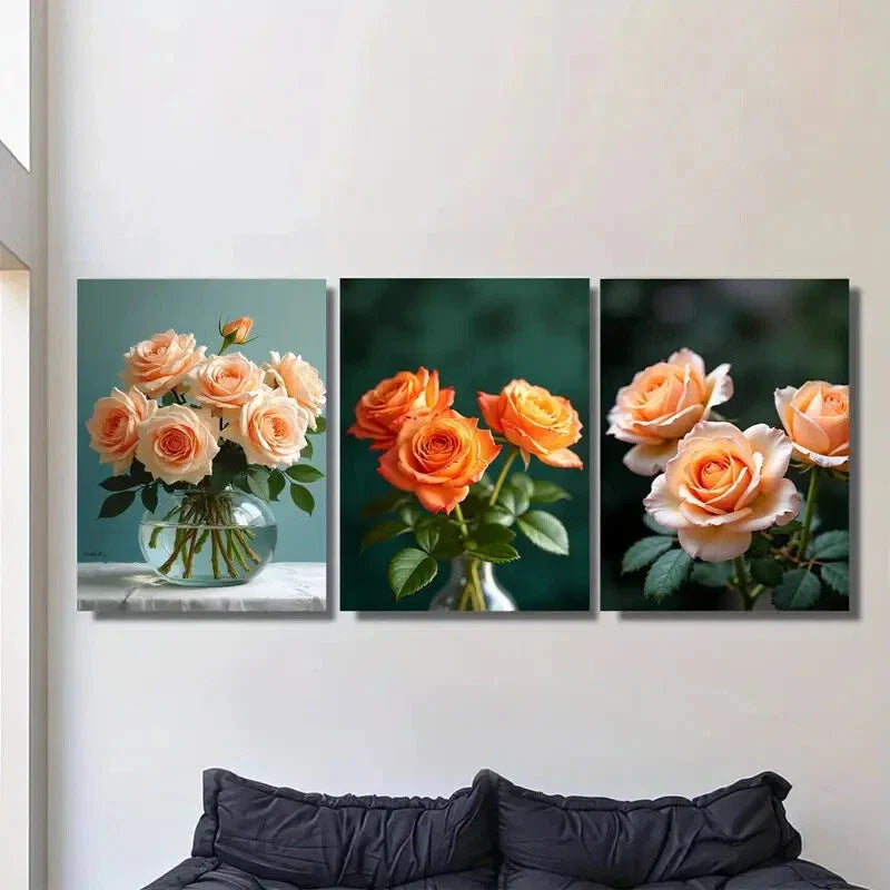 3pcs Beautiful Rose Bouquet Coordinated Metal Print Ready to Hang Art