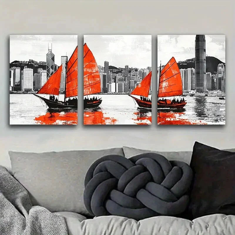 3pcs Hong Kong harbour Art Painting Metal Print Ready to Hang Art