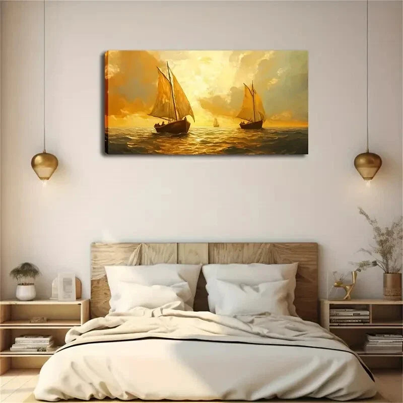 Sailboats At Sea Yellow Sunset Wall Art Canvas Office Home Room Framed 120x60cm