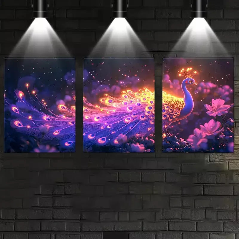 3pcs Colorful magical Peacock with Pink Florals Wall Art Set Canvas Framed 40x60cm - High Quality Print 100% Australian Made Wall Canvas Ready to Hang