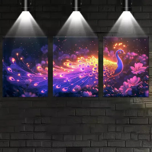 3pcs Colorful magical Peacock with Pink Florals Wall Art Set Canvas Framed 40x60cm - High Quality Print 100% Australian Made Wall Canvas Ready to Hang