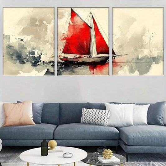 3pcs Modern Vertical Abstract Sailing Ship  Wall Art Set Canvas Framed 40x60cm - High Quality Print 100% Australian Made Wall Canvas Ready to Hang