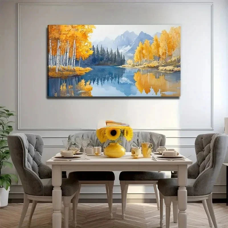 Autumn Lake Yellow Forest Wall Art Canvas Office Home Room Framed 80x45cm