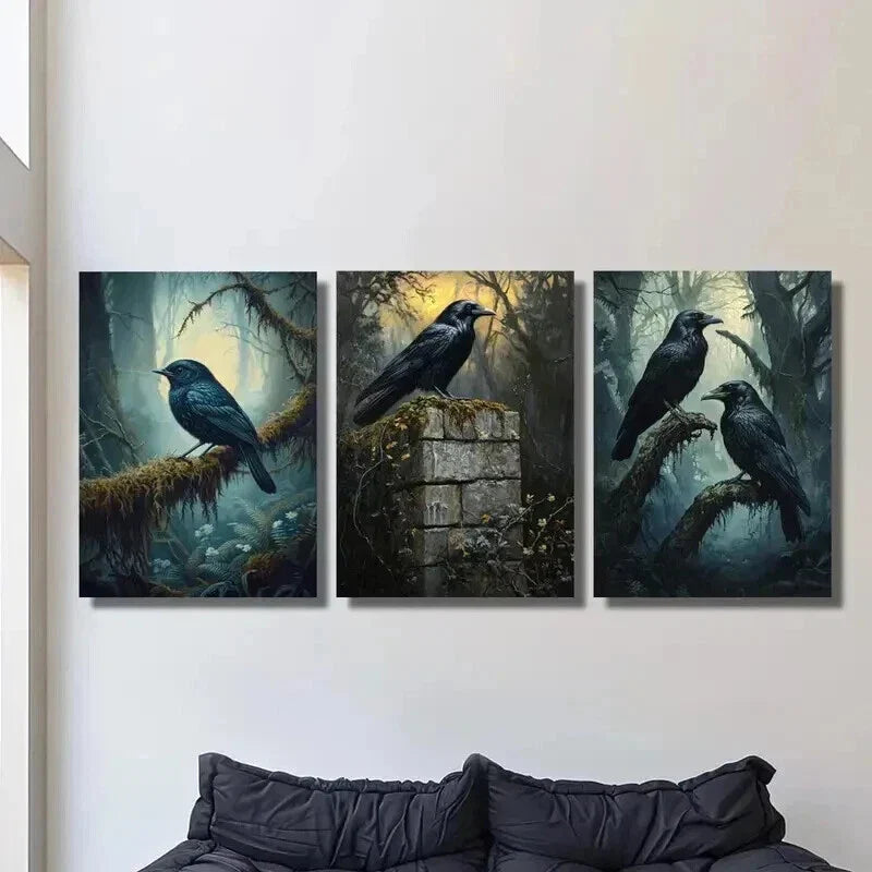 3pcs Gothic Forest Triptych with Crow Wall Art Set Canvas Framed 40x60cm - High Quality Print 100% Australian Made Wall Canvas Ready to Hang
