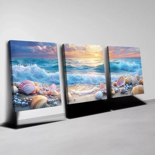 3pcs Beautiful Seashell and Ocean Sunset Wall Art Set Canvas  Framed 40x60cm - High Quality Print 100% Australian Made Wall Canvas Ready to Hang