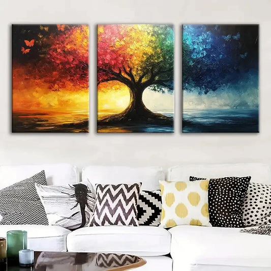 3pcs Oil Painted Tree Modern Sky Blue & Gold Red Wall Art Set Canvas Framed 40x60cm - High Quality Print 100% Australian Made Wall Canvas Ready to Hang