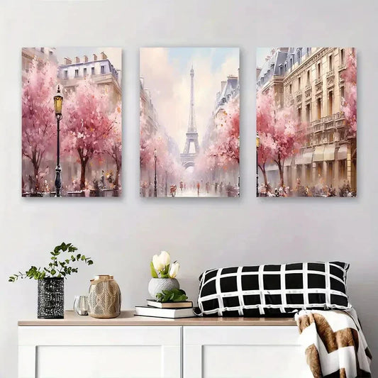 3pcs Paris Eiffel Tower Spring Cherry Blossom Metal Print Ready to Hang Art