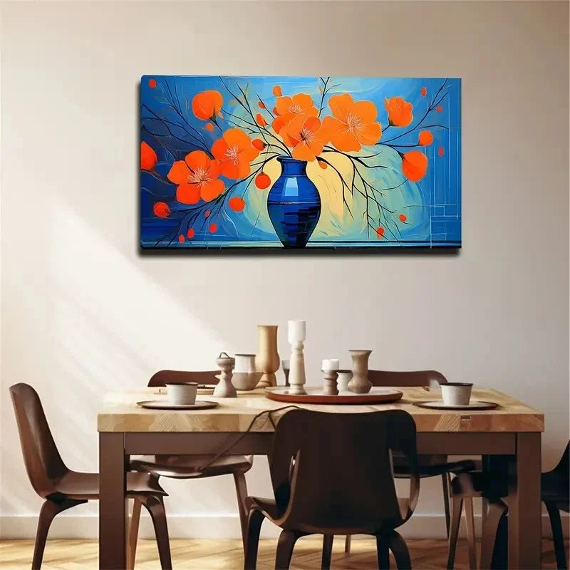 Orange Flowers Blue Vase Wall Art Canvas Office Home Room Framed 80x45cm