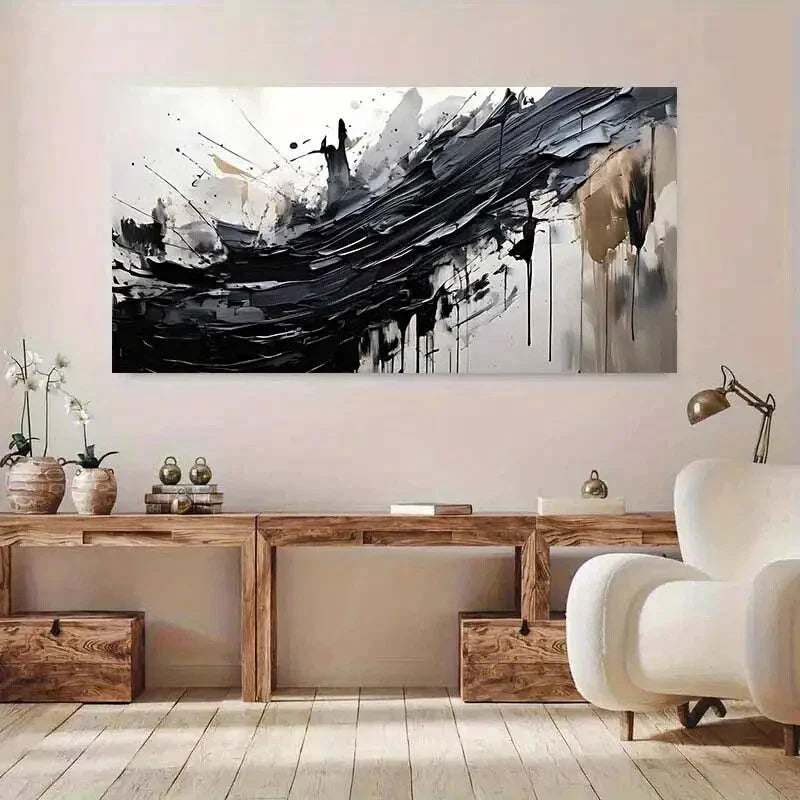 Brushstrokes Golden Accents Wall Art Canvas Office Home Room Framed 80x45cm