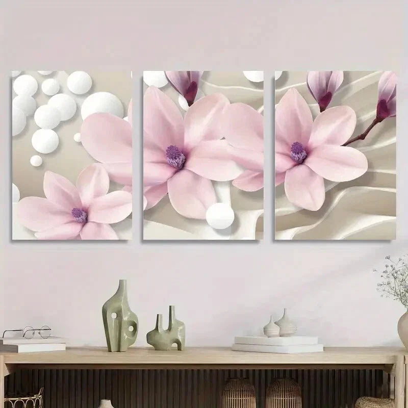 3pcs Pastel Pink Blossom Abstract Flower Metal Print Ready to Hang Art