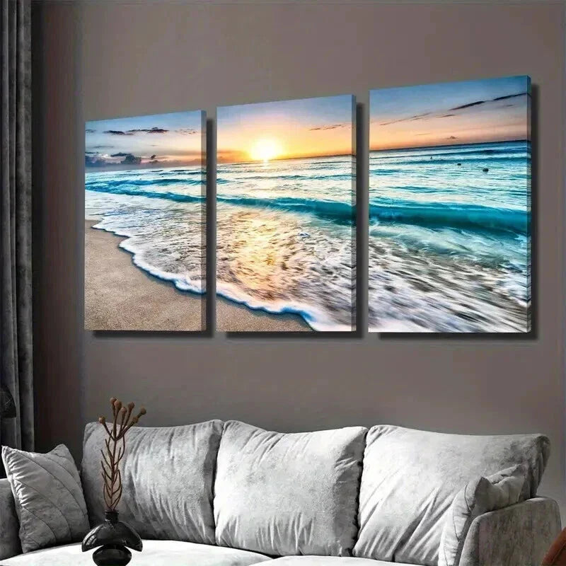 3pcs Beach Sunset Vibrant Sunset & Waves Wall Art Set Canvas Framed 40x60cm - High Quality Print 100% Australian Made Wall Canvas Ready to Hang
