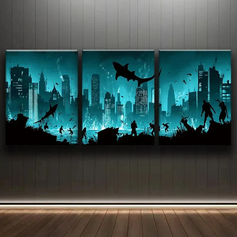 3pcs A City Submerged in the Ocean Blue Dark Wall Art Set Canvas Framed 40x60cm - High Quality Print 100% Australian Made Wall Canvas Ready to Hang