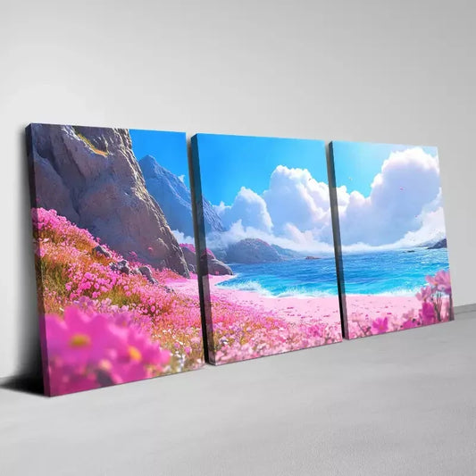3pcs Tranquil Ocean and Flower Landscape Wall Art Set  Canvas Framed 40x60cm - High Quality Print 100% Australian Made Wall Canvas Ready to Hang