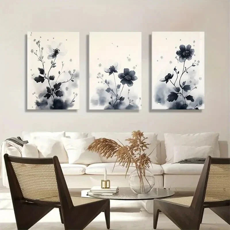 3pcs Elegant Black and White Floral Perfect Wall Art Set Canvas Framed 40x60cm - High Quality Print 100% Australian Made Wall Canvas Ready to Hang