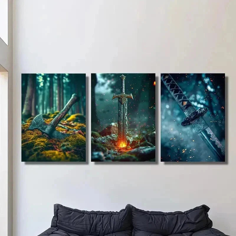 3pcs Viking Axe Glowing Sword Samurai Sword Wall Art Set Canvas Framed 40x60cm - High Quality Print 100% Australian Made Wall Canvas Ready to Hang