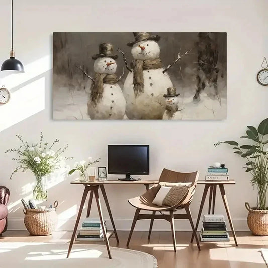 Snowman Snow Scene Aesthetic Wall Art Canvas Office Home Room Framed 120x60cm