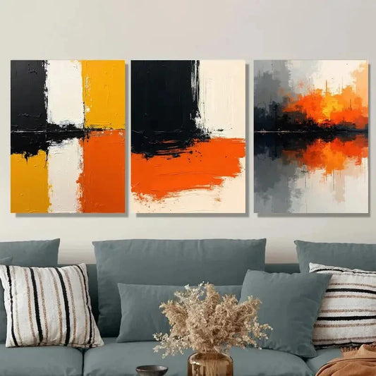 3pcs Modern Orange Black White Geometric Patterns Metal Print Ready to Hang Art