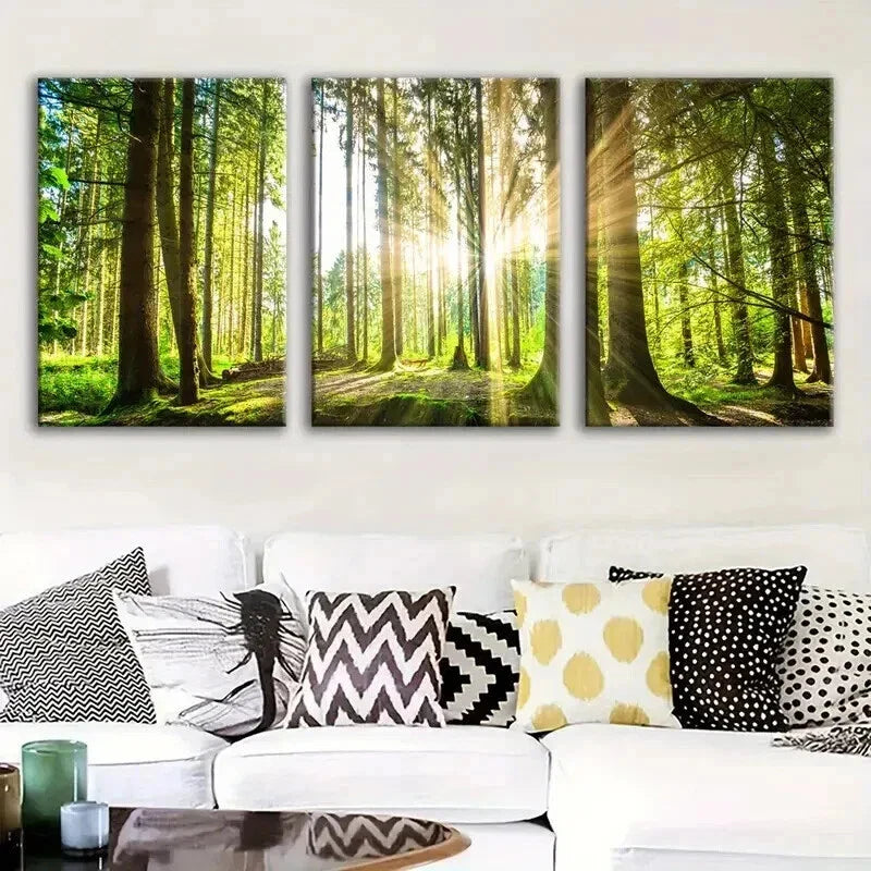 3pcs Green Sunlight Shines Through The Trees Wall Art Set Canvas Framed 40x60cm - High Quality Print 100% Australian Made Wall Canvas Ready to Hang