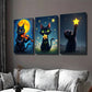3pcs Charming Black Cat Triptych Moonlit Night Wall Art Set Canvas Framed 40x60cm - High Quality Print 100% Australian Made Wall Canvas Ready to Hang