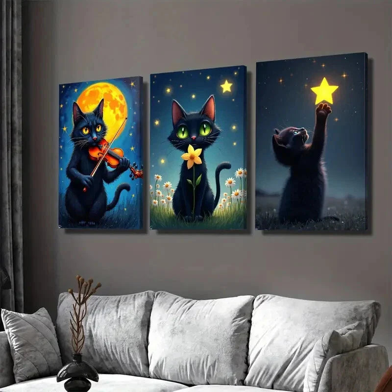 3pcs Charming Black Cat Triptych Moonlit Night Wall Art Set Canvas Framed 40x60cm - High Quality Print 100% Australian Made Wall Canvas Ready to Hang