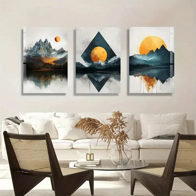 3pcs Abstract Mountain Lands Reflective Perfect Wall Art Set Canvas Framed 40x60cm - High Quality Print 100% Australian Made Wall Canvas Ready to Hang