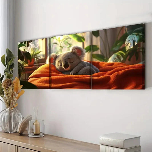 3pcs Cute Koala Adorable Nature Leaf Perfect Wall Art Set Canvas Framed 40x60cm - High Quality Print 100% Australian Made Wall Canvas Ready to Hang