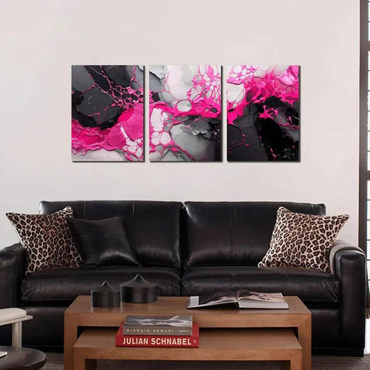 3pcs Abstract Pink & Black Marble Design Metal Print Ready to Hang Art