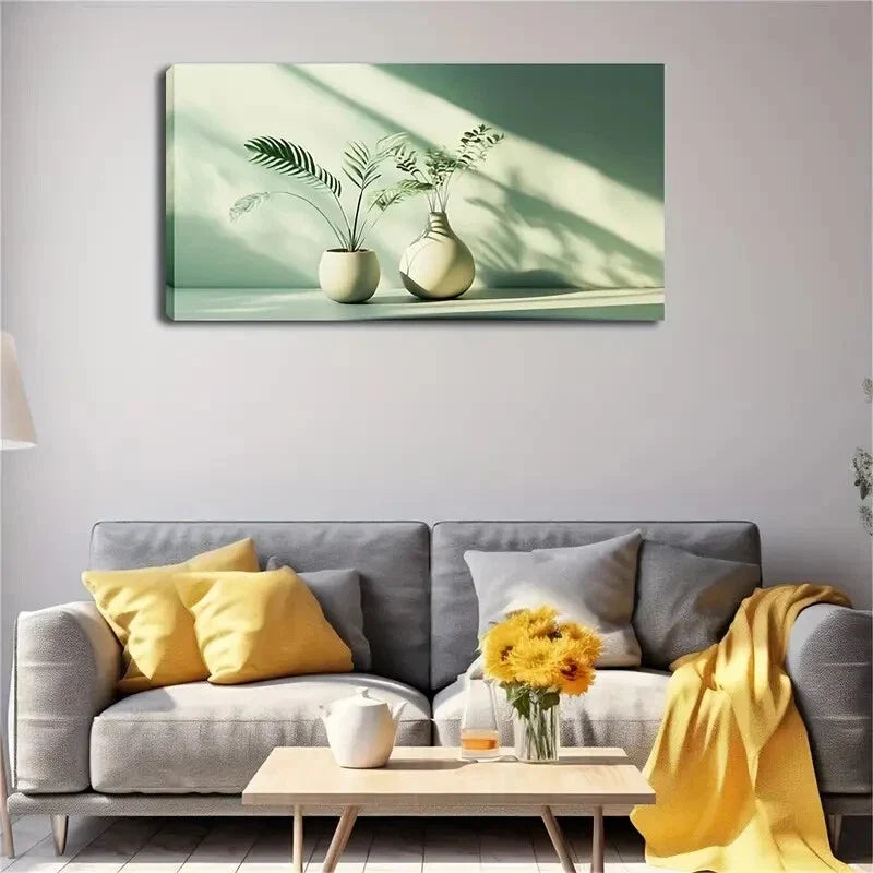 Two Potted Plants on Green Back Wall Art Canvas Office Home Room Framed 120x60cm