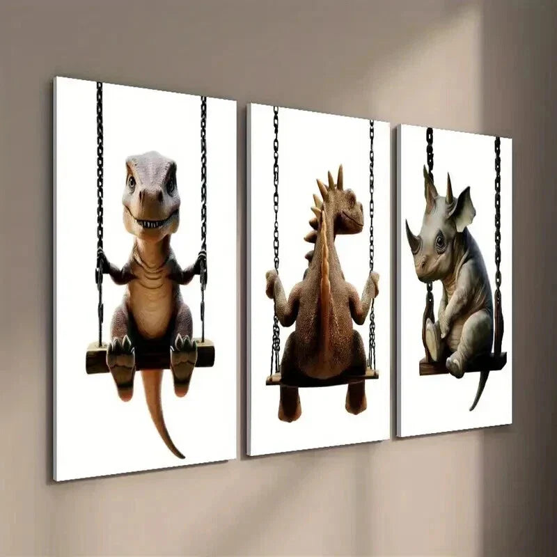 3pcs Tyrannosaurus Stegosaurus And Triceratops Wall Art Set Canvas Framed 40x60cm - High Quality Print 100% Australian Made Wall Canvas Ready to Hang