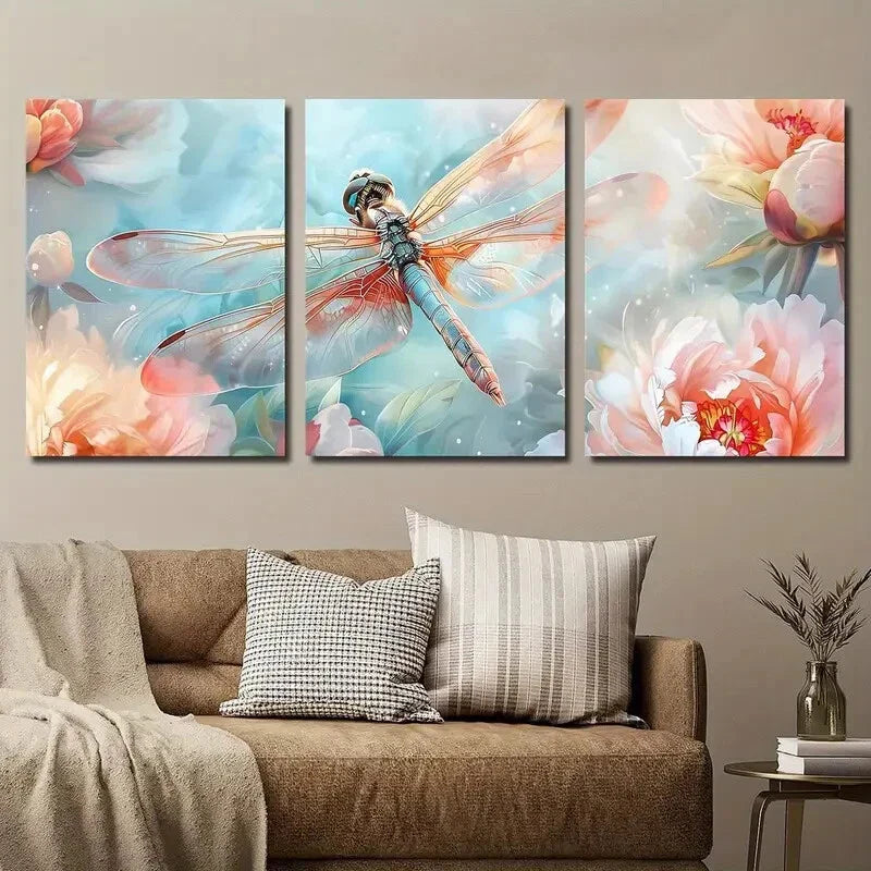3pcs Vibrant Spring Flowers & Dragonfly Wall Art Set Canvas Framed 40x60cm - High Quality Print 100% Australian Made Wall Canvas Ready to Hang