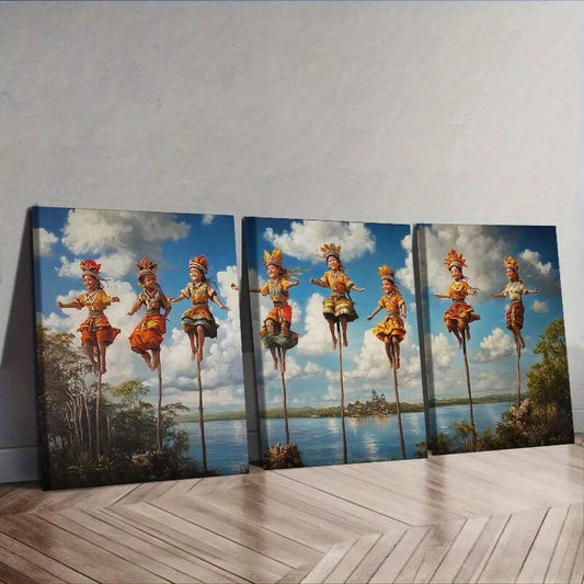 3pcs Women Walk On Stilts Traditional Nature Wall Art Set Canvas Framed 40x60cm - High Quality Print 100% Australian Made Wall Canvas Ready to Hang
