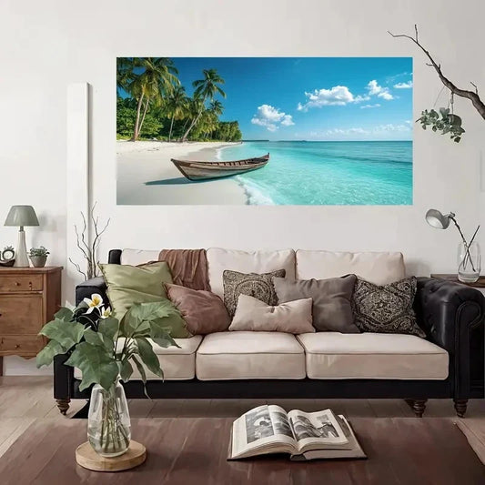Turquoise Ocean Palm Trees Boat Wall Art Canvas Office Home Room Framed 80x45cm