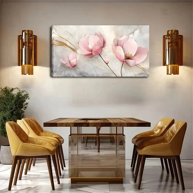 Pink Floral With Golden Accents Wall Art Canvas Office Home Room Framed 120x60cm