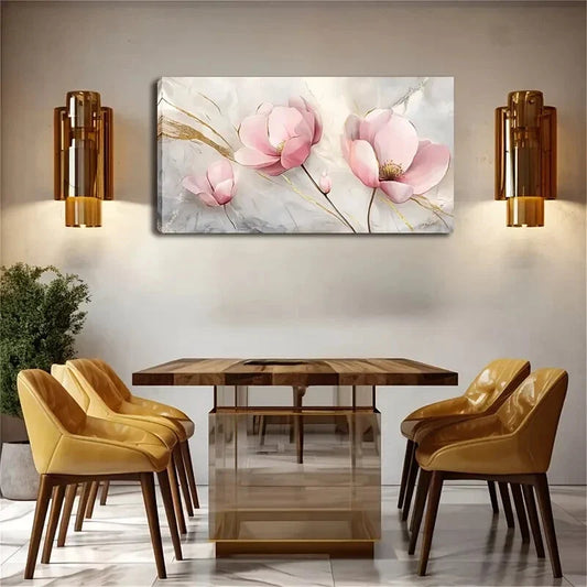 Pink Floral With Golden Accents Wall Art Canvas Office Home Room Framed 120x60cm