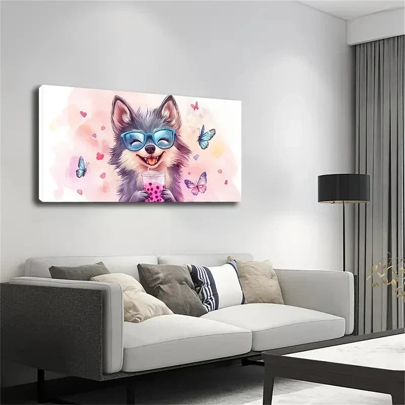 Playful Dog Blue Glasses Drink Wall Art Canvas Office Home Room Framed 120x60cm