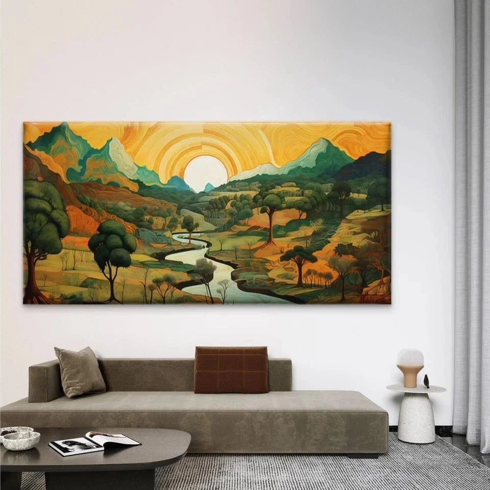 Abstract Mountain Sunrise Wall Art Canvas Office Home Room Framed 80x45cm
