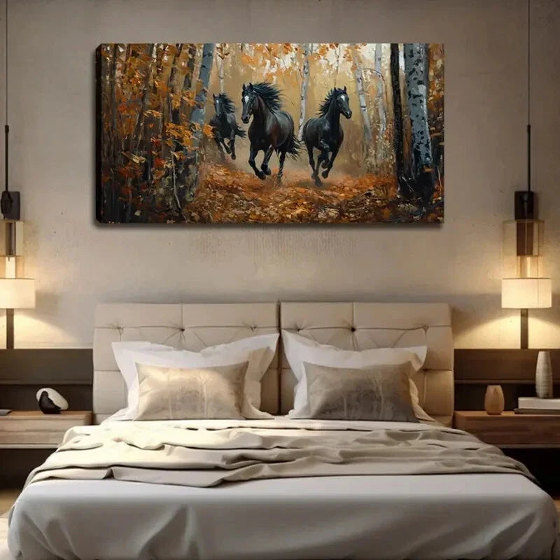 Black Horses Running in Autumn Wall Art Canvas Office Home Room Framed 120x60cm